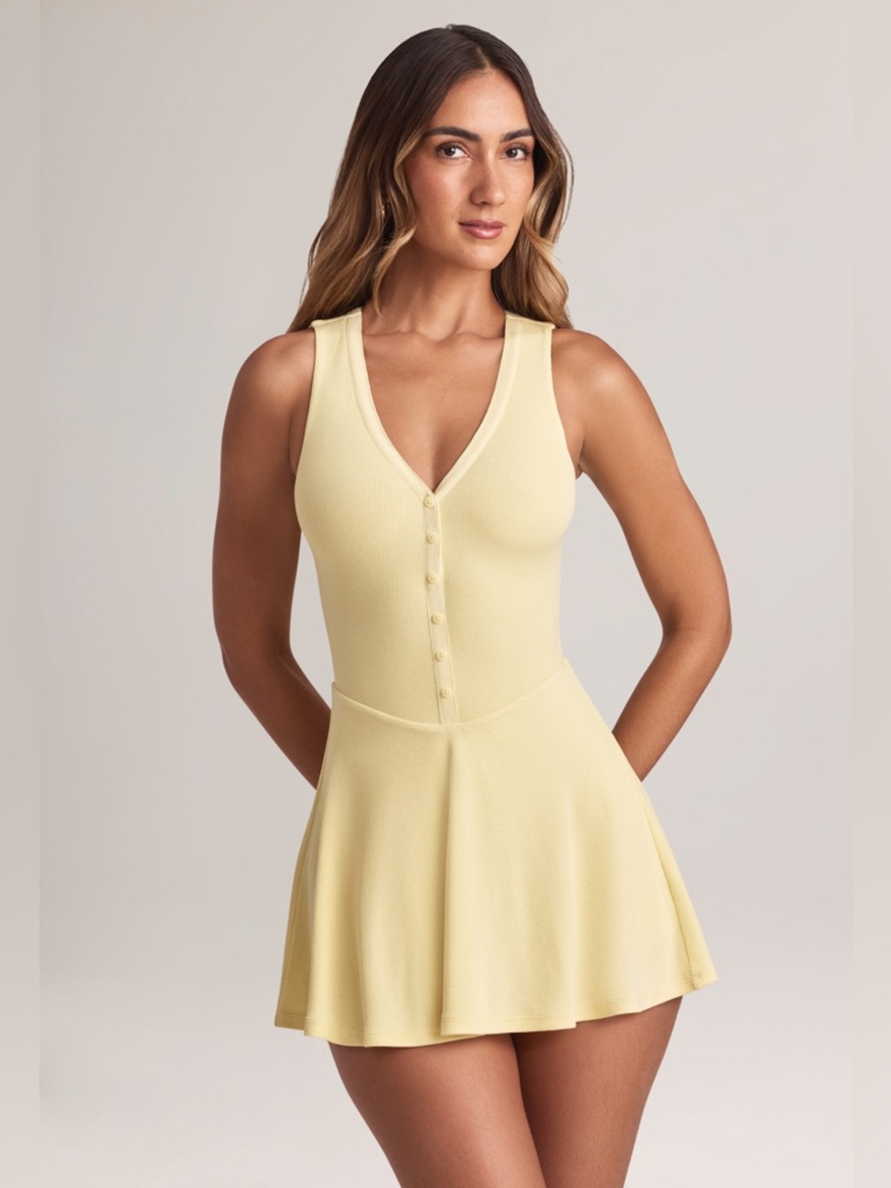 Oh Polly Pale Yellow Ribbed V‑Neck Mini Dress - Picture 2 of 13